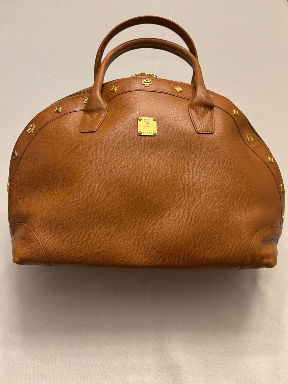 MCM Cognac Leather Dome Satchel with Gold Hardware